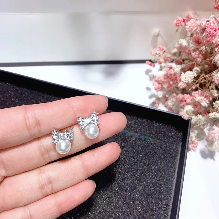 bow pearl cz earrings silver stud Hypoallergenic fadeless alloy fashion jewelry stud earrings for women gift
