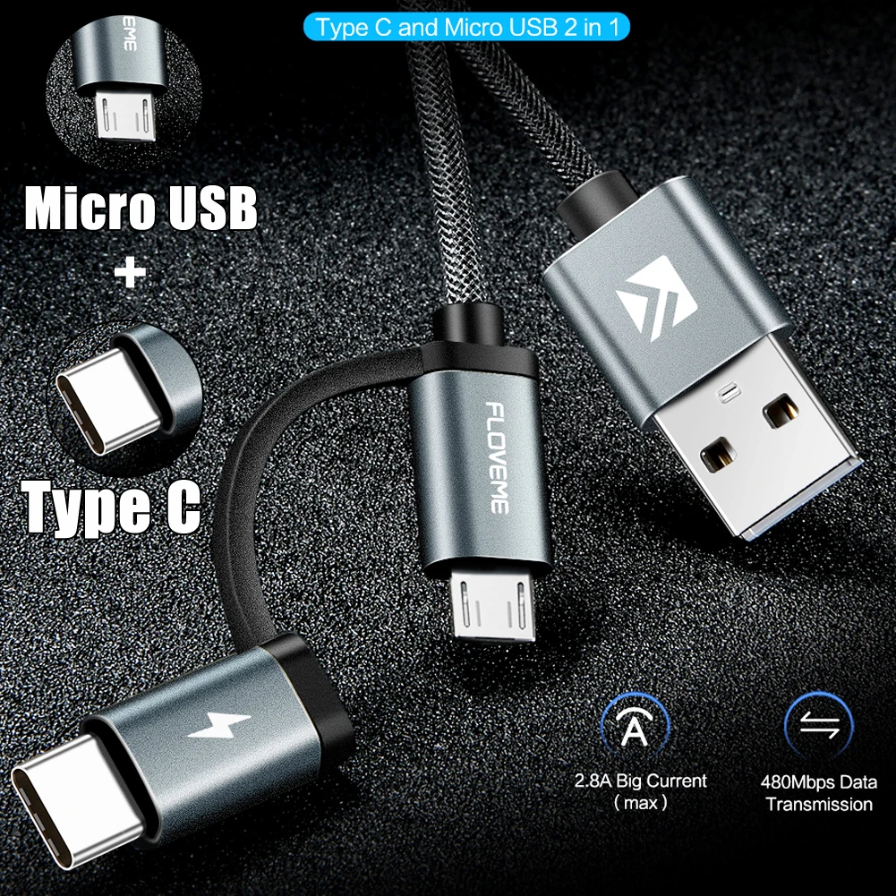 FLOVEME 2 в 1 быстрая зарядка Micro USB/type C кабель для синхронизации данных для samsung huawei двухсторонняя передача данных зарядное устройство провод 1 м