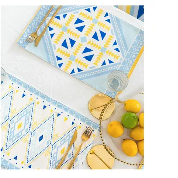 

DUNXDECO Table Placemat Dinner Party Plate Mat Linen Cotton Tablecloth Fresh Blue Yellow Bohemia Geometric Print Desk Mesa