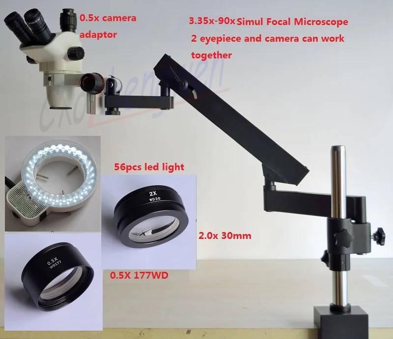 

FYSCOPE 3.35X-90X STEREO ZOOM SIMUL FOCAL MICROSCOPE +ARTICULATING STAND WITH ARM PILLAR CLAMP MICROSCOPES+ 56LED