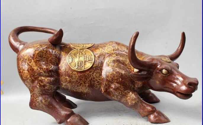 

23" China Chinese Fengshui Bronze Fu Foo Rich Money Zodiac Year Bull Oxen Statue