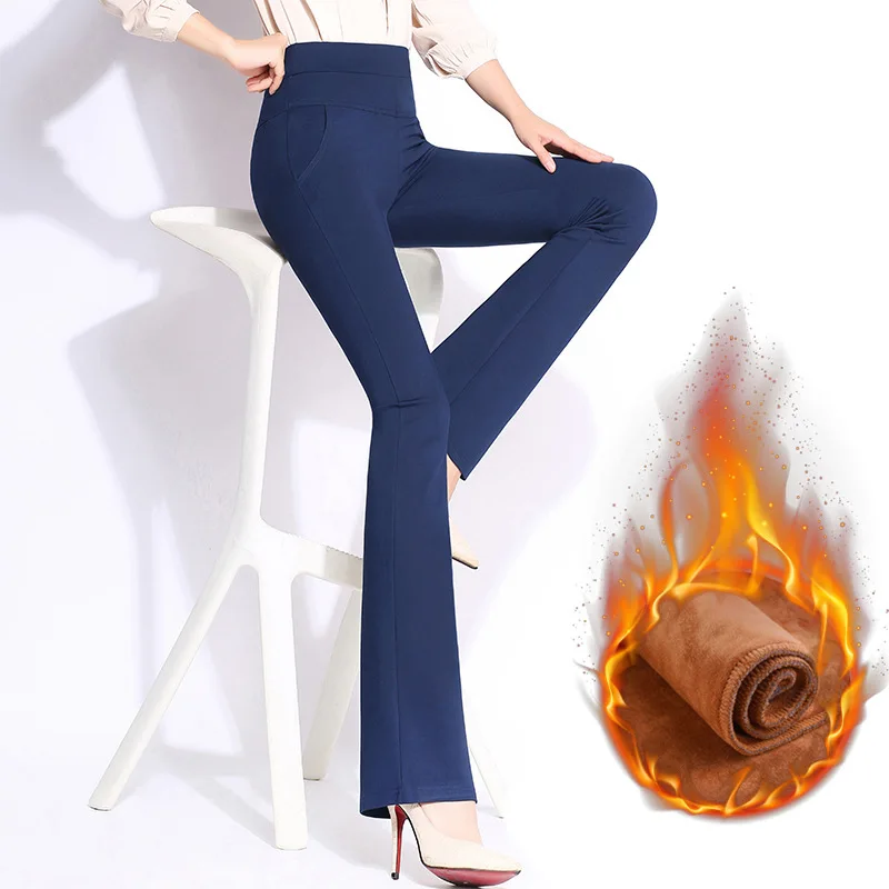 Большие размеры зимние женские штаны теплые пот плюс толстые бархатные брюки тонкие с высокой талией эластичные расклешенные женские брюки