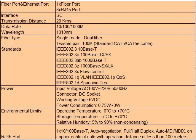 1,25 г 8 порты и разъёмы Ethernet RJ45 к волокно оптические media converter SC Одномодовый 20 км ethernet коммутатор конвертер 1 пара
