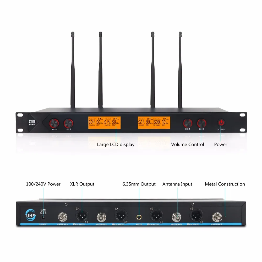 XTUGA, A-400, металлический материал, 4-канальный UHF беспроводной микрофон, система с 4 поясными частями для сцены, церкви, семьи, вечерние, маленькие, караоке