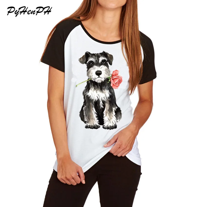 

Women's Rose Mini Schnauzer Print T shirt Cute Animal Pug Dog Design Cotton T-shirt Woman/Ladies Tshirt Raglan Sleeve Big Size