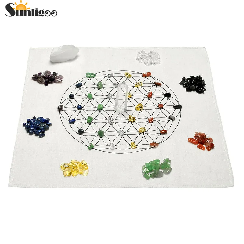 

Sunligoo Chakra Crystal Healing Grids Kit / Includes Grids Altar Cloth 7 Chakra Assorted Chips Stones Clear Crystal Quartz Point