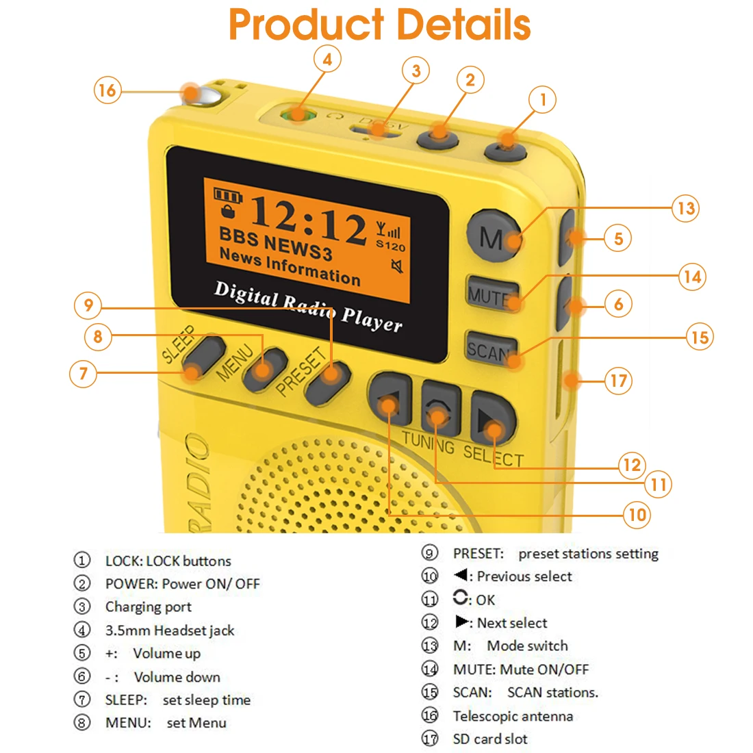 Player com Tela Cartão de Dormir Mini Bolso Rádio Digital Receptor fm Rds Portátil Mp3 Lcd Suporte tf Tempo Conjunto Dab - Image 6