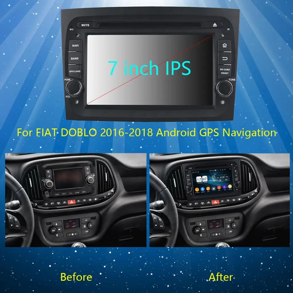 Excellent 7" IPS 8 Core 4G RAM+64G ROM Android 9.0 Car DVD Player For Fiat Doblo II 2015-2018 CarPlay Parrot BT Radio Adas Multimedia 2