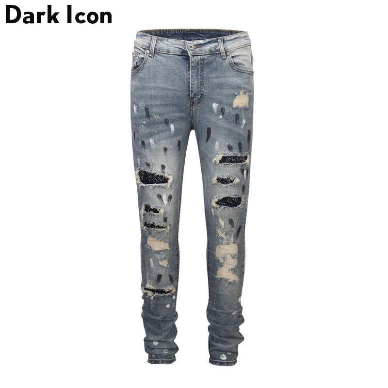 DARK ICON Ripped Coating Slim Fit High Street Jeans Men 2019 Hi-end Fashion Rivet on Knee Cool Jeans Denim Men's Pants 2 Colors DARK ICON Ripped Coating Slim Fit High Street Jeans Men 2019 Hi-end Fashion Rivet on Knee Cool Jeans Denim Men's Pants 2 Colors