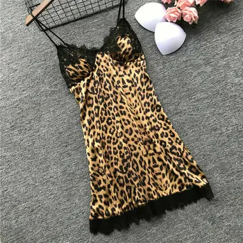 

Summer Womens Sexy Leopard Printing Lingerie Nightdress Babydoll Sleepwear Lace V-neck Strappy Loose Pajamas Mini Dress
