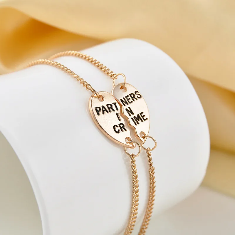 

Sale 1 Pair Unisex Golden Silvery Partners In Crime Hearts Friendship Bracelets Bangles Fashion Jewelry
