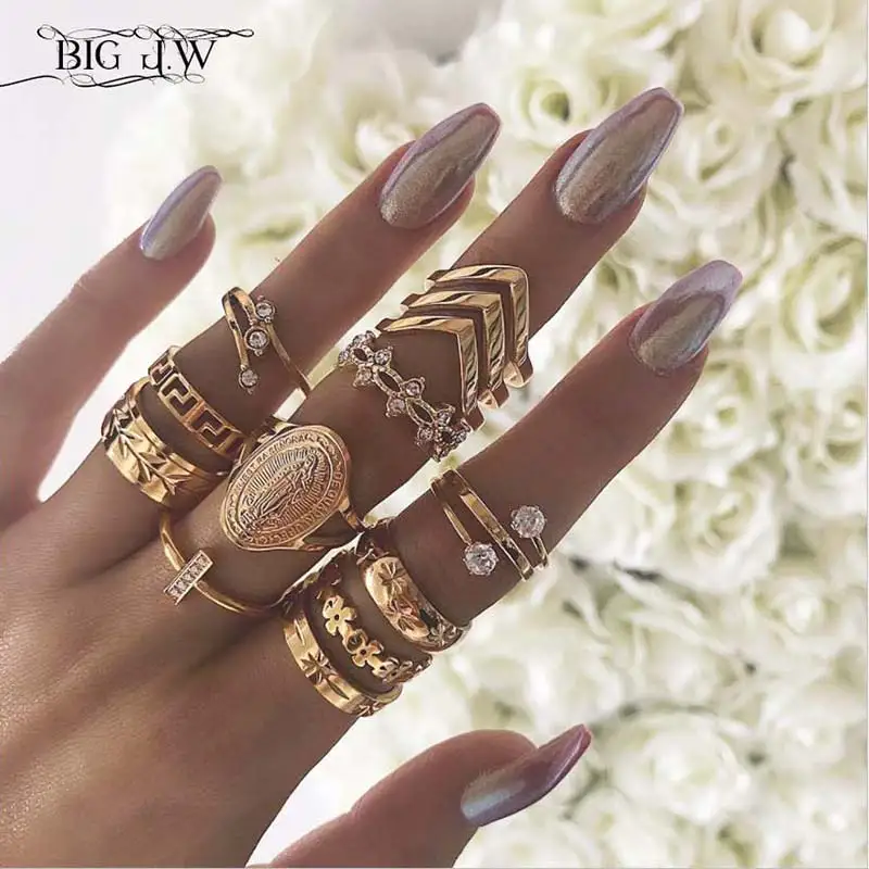 BIG J.W 13 Pcs/set Virgin Mary Hollowed Flowers Leaf Gold Color Alloy Stackable Finger Rings Set Boho Jewelry Women Accessories | Украшения