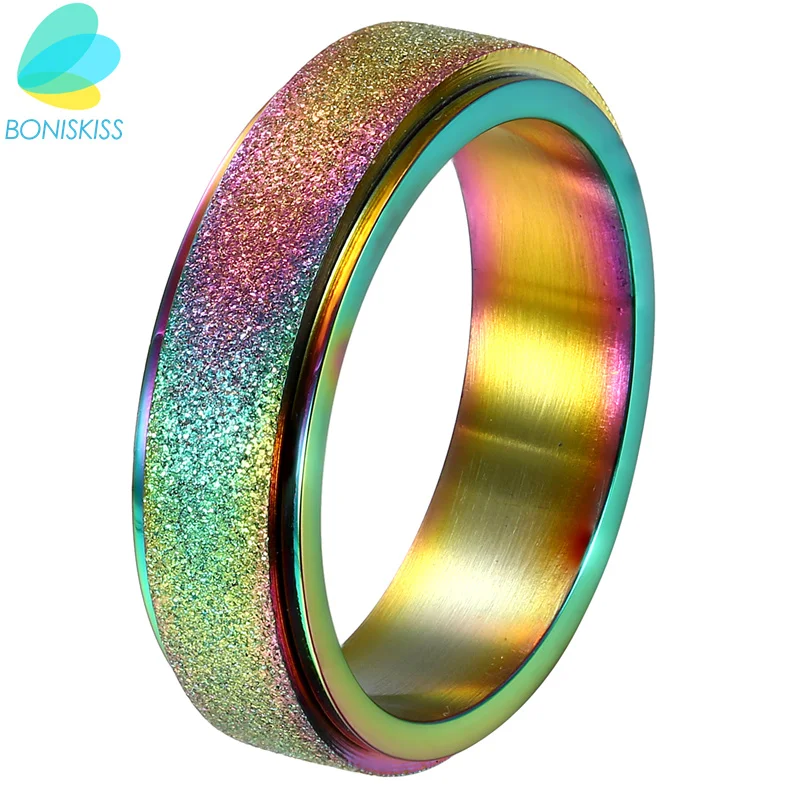 Rotatable Boniskiss Fashion Ring Jewelry 6MM Colorful Dull Polish Type Rainbow Ring Stainless Steel Rings For Women & Men Gift