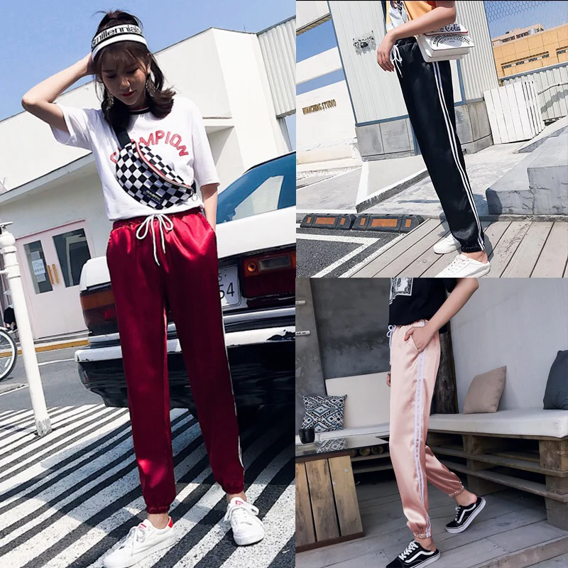 Модные женские шелковые красные брюки Harajuk со средней талией в стиле хип-хоп, розовые, черные брюки с карманами для девочек, военные брюки для бега, танцевальные атласные брюки