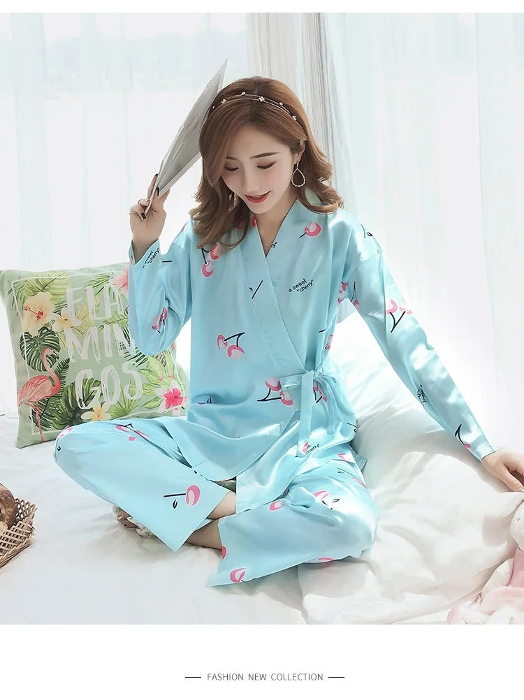 Japanese Pajamas Women's Autumn Simulation Silk Long Sleeve Set Sweet Cherry Casual Home Clothes Kimono Pijama Mujer Pajama Set