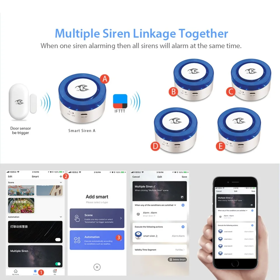 WiFi Беспроводная сирена Домашняя безопасность WiFi сигнализация умная сирена Tuya совместима с Alexa/Google Home