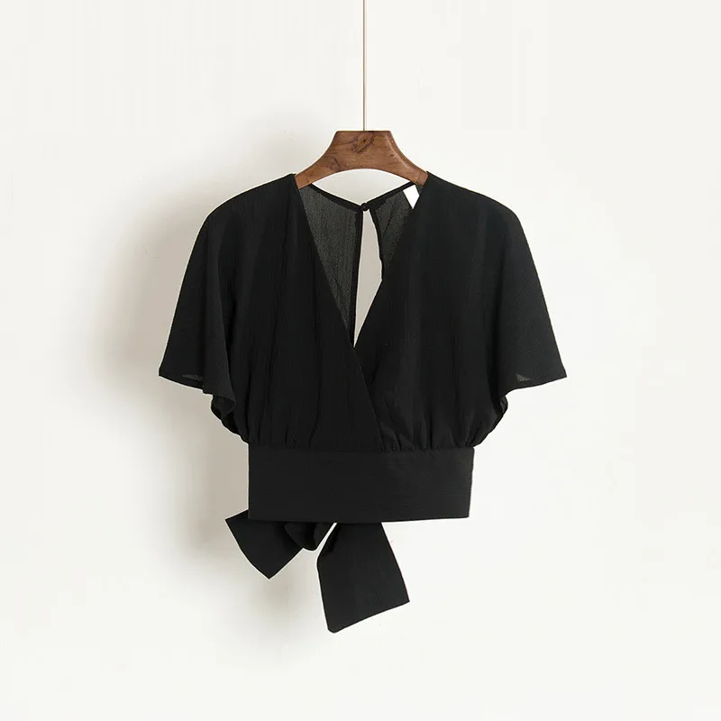 2019 New Summer V-neck Shirts Backless Bowtie Lace Up Chiffon Blouses High Waist Short Batwing Sleeved Sexy Tank Tops W70