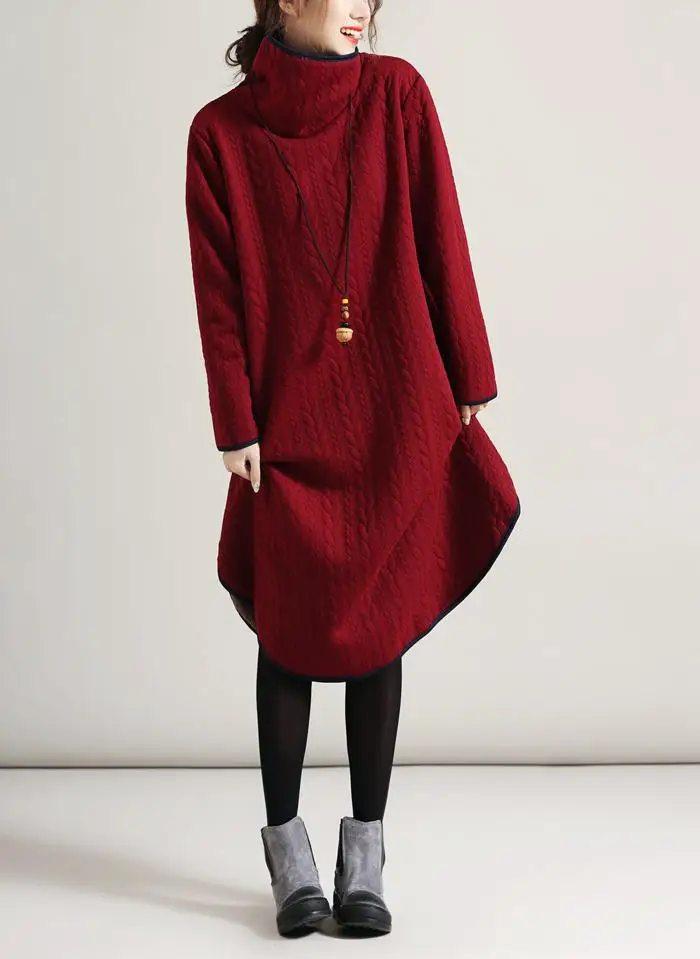 Флисовое хлопковое плотное теплое платье-джемпер, женское платье с высоким воротом размера плюс, свободное прямое платье с длинным рукавом, Цветочный 3D пуловер - Цвет: red