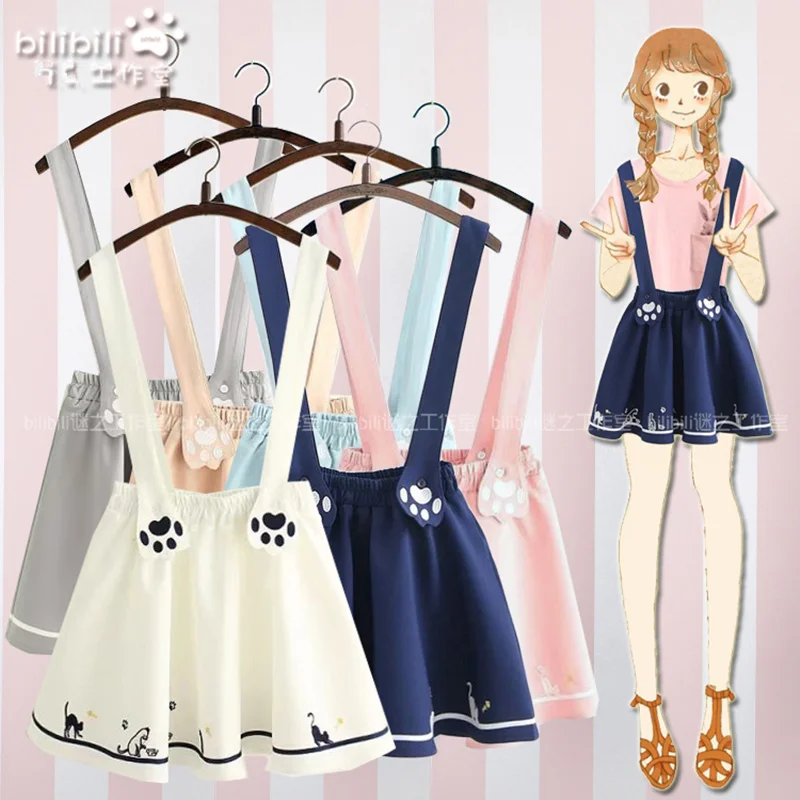 

Summer Women Skirts Cartoon Cat Paw Embroidery Skirt Harajuku Kawaii School Girl Japan Style Cute Chiffon Strap Mini Skirt 2019