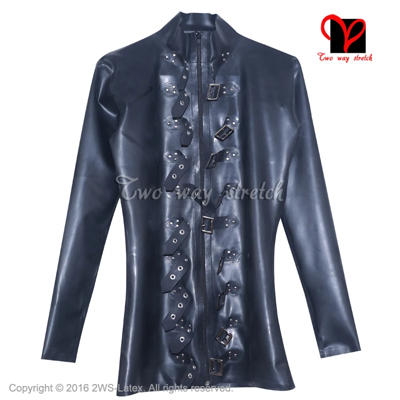 Сексуальная черная рубашка резиновая блузка униформа одежда военная с длинными рукавами Пряжка верхняя одежда латексный пиджак пальто одежда плюс SY-013