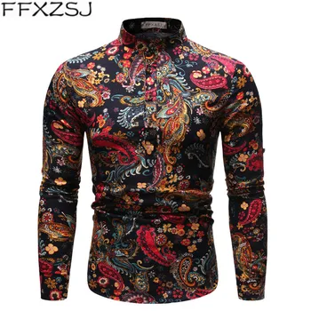 

FFXZSJ national style high quality autumn print long sleeve casual men's linen shirt stand collar flower shirt European size