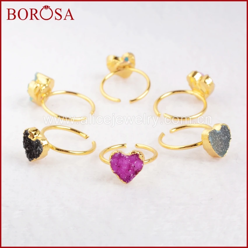 

BOROSA High Quality 1piece Natural Rainbow Heart Druzy Crystal Adjustable Knuckle Ring,Gold Color Fashion Tail Ring Gems G0600