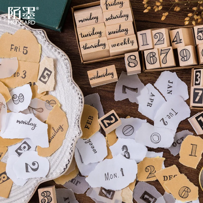 

Creative Doodling Letter Digital Month Week Multifunction retro wood seal stamp wood and rubber seal log decorative planner book