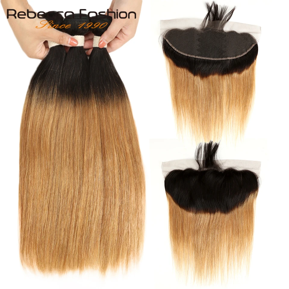 

Rebecca Ombre Bundles With Frontal Two Tone 1B/99J 1B/27 1B/30 Brazilian Straight Hair 3 4 Bundles With Lace Frontal Closure