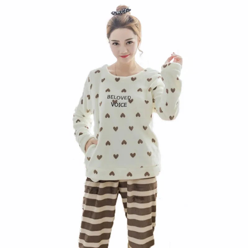 

Pajamas Autumn Women's and Winter Pajamas set Women Long Sleeve Sleepwear Flannel Warm Lovely Tops + Pants Sleep Pyjama Female