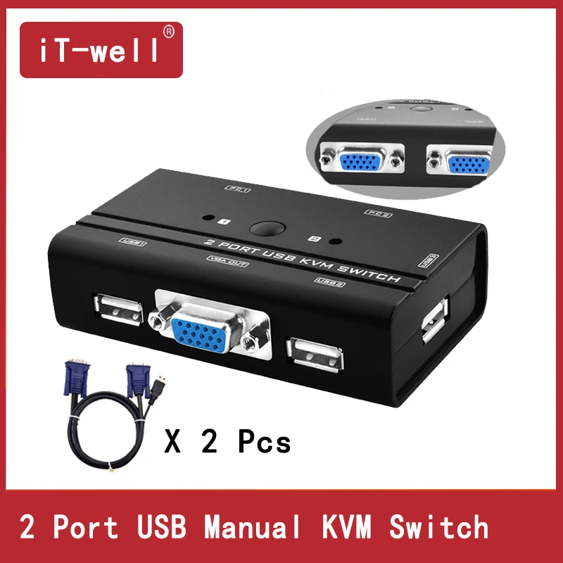 iT well VGA Switch KVM Switch Control 2 PC Hosts by 1 Set of USB