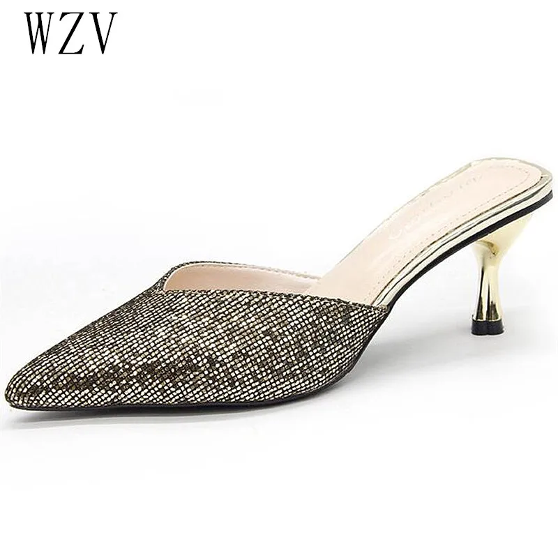 Sequins Mules Pointed Toe Women Pumps High Heels Slip on Thin with Chic Elegant Office Shoes E870 | Обувь