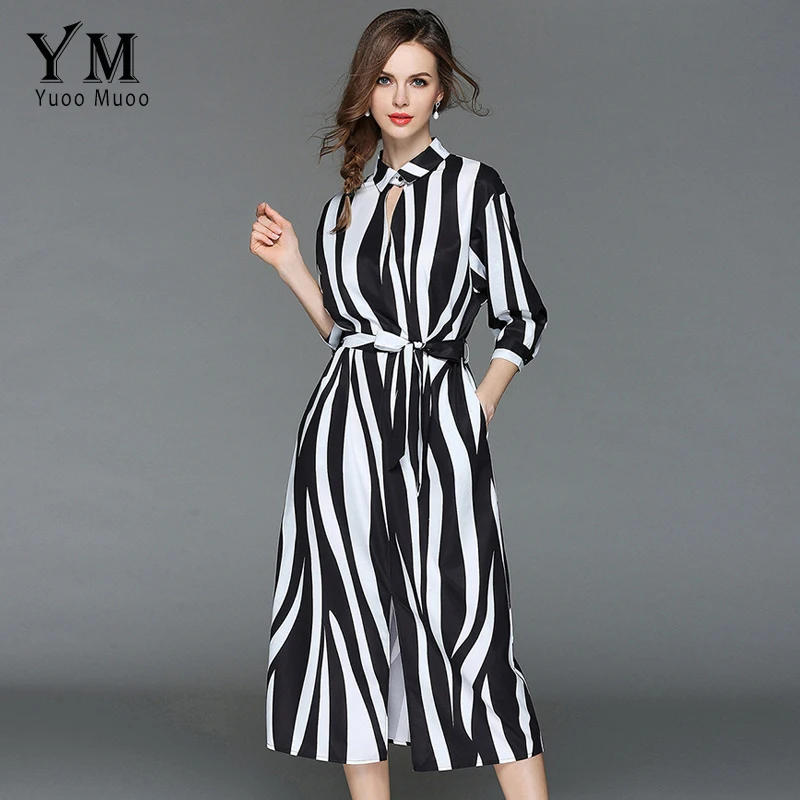 

YuooMuoo 2018 Summer Zebra White and Black Stripe High Street A-Line Shirt Dress Three Quarter Sleeve Long Tie Up Split Dresses