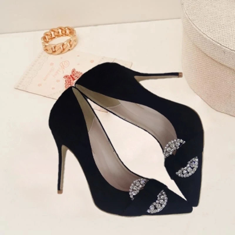 

Sexy Spring Glitter Rhinetsone Buckle Suede Leather Pointed Toe Pumps Ladies Slip on Stilettos Party High Heel Pumps Shoes