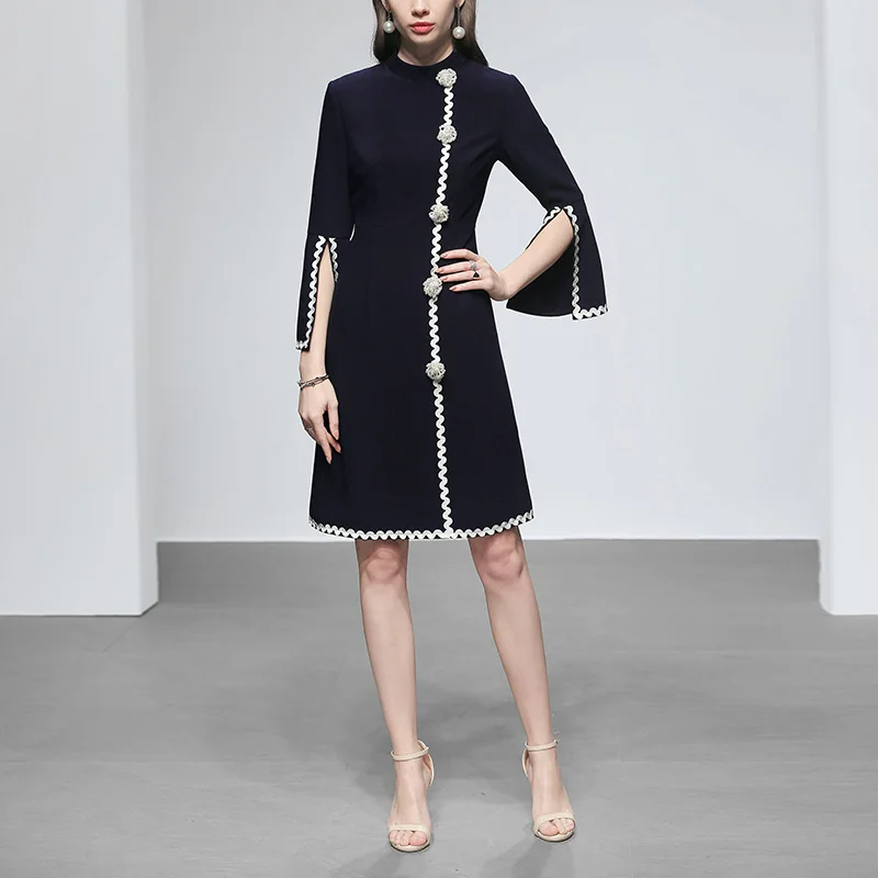 

Elegant Ladies Office Dress 2019 Spring Elegant Vintage Pearl Buttons Flare Sleeve Midi Dress Women High Quality Runway Dress