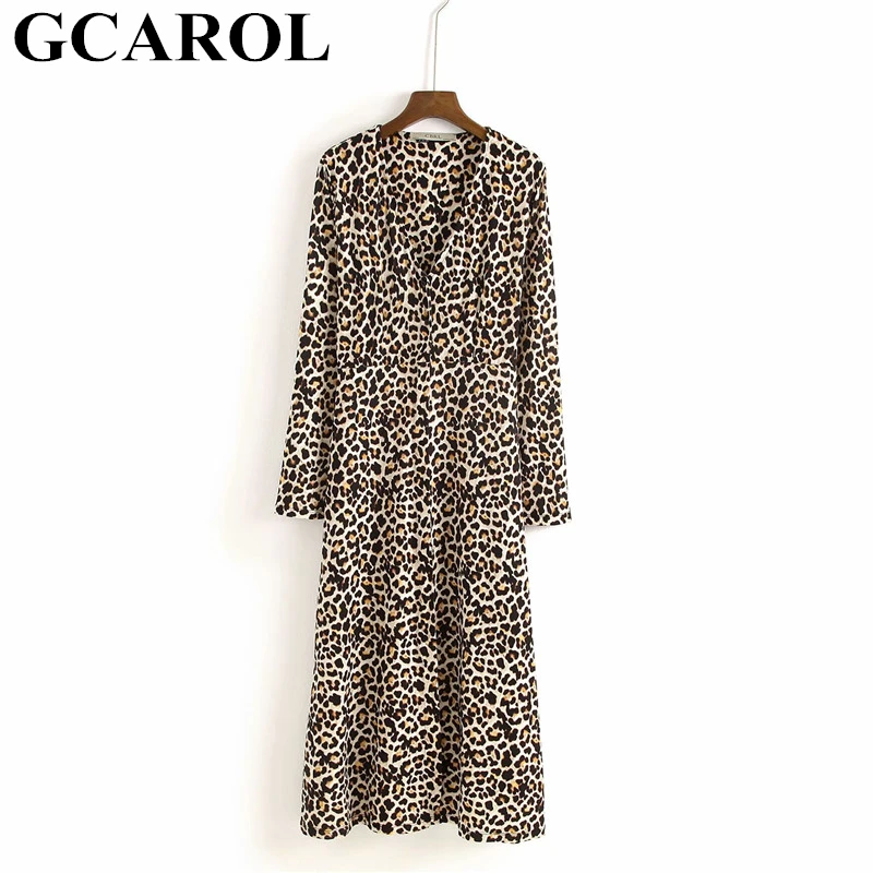

GCAROL 2019 Early Spring V Neck Women Leopard Floral Long Dress Animal Pattern Streetwear High Quality Split Bottom Dress