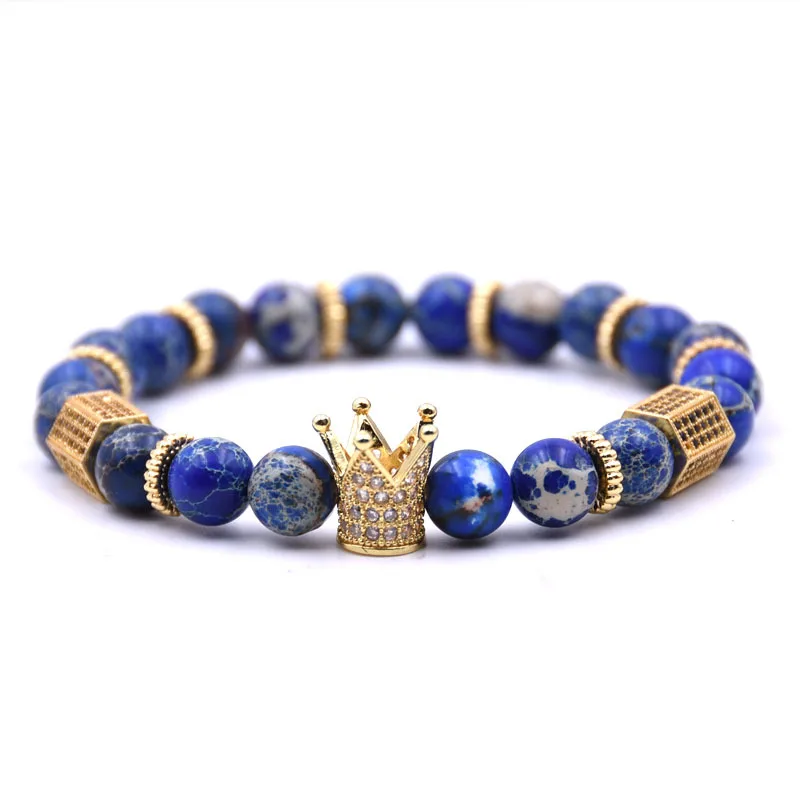 

4 Styles new 2019 fashion CZ King Crown charm bracelet stretch men's natural matte stone beads ladies men's jewelry dropship