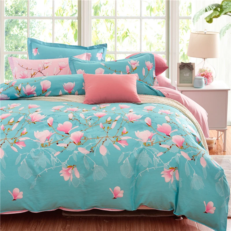 Home Textiles,Blue Peach Branches Style 100Cotton Bedding Sets 4Pcs Of