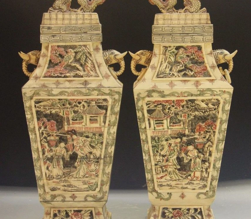 

China Cattle Bone Handmade Dragon Phoenix Plum Monkey Woman Pot Bottle Vase Pair