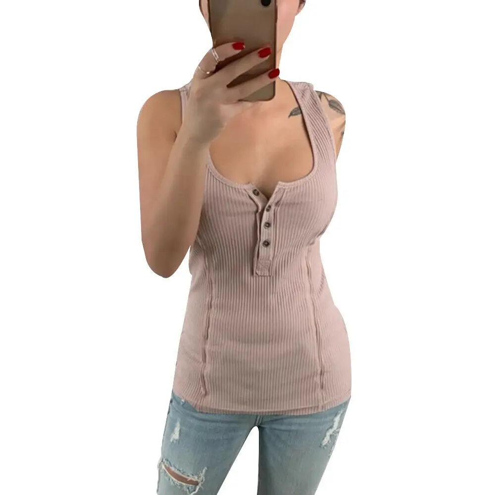 Summer New Ladies Casual Street Daily Sleeveless Solid Skinny Tank Top Vest Women High Quality Scoop Neck Low Cut Button Vest