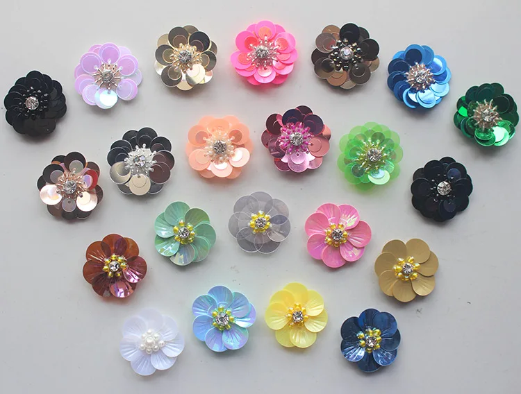 

50pcs/lot 3D Sequin Flowers Handmade Sew-on Patches DIY Wedding Crafts Shoes Bags Garment Design Accessory 3cm