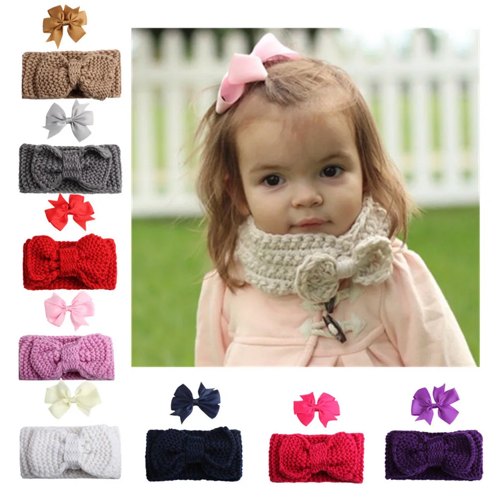 Two Matching Baby Girl Headbands Super Cute Bow Snood Barrettes Combination Set Winter Accessories |