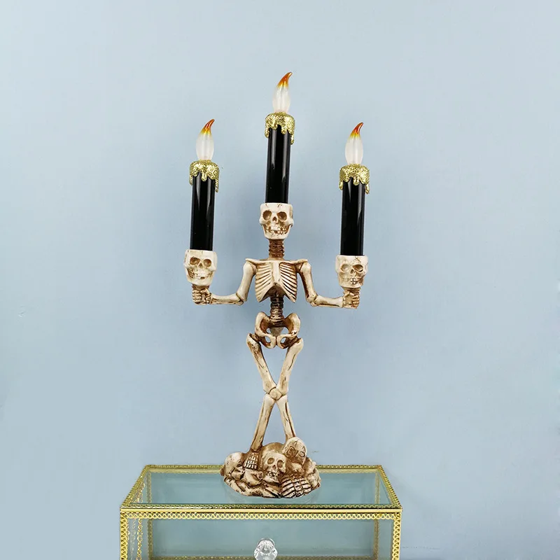 Resin LED Candle Holder 3 arms Skull Skeleton Candle Stand For Home Halloween Party DIY