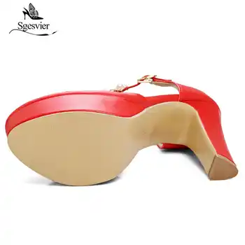 Sgesvier Fashion Round Toe Thick High Heels Women Pumps Sexy Platform Heeled Beading Pink White Red Dress Party Shoes Woman B571