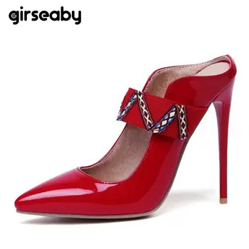 

Girseaby plus size 44 46 12cm super high heels Women lady stilettos pumps yellow black red slingbacks bridal party shoes 1163