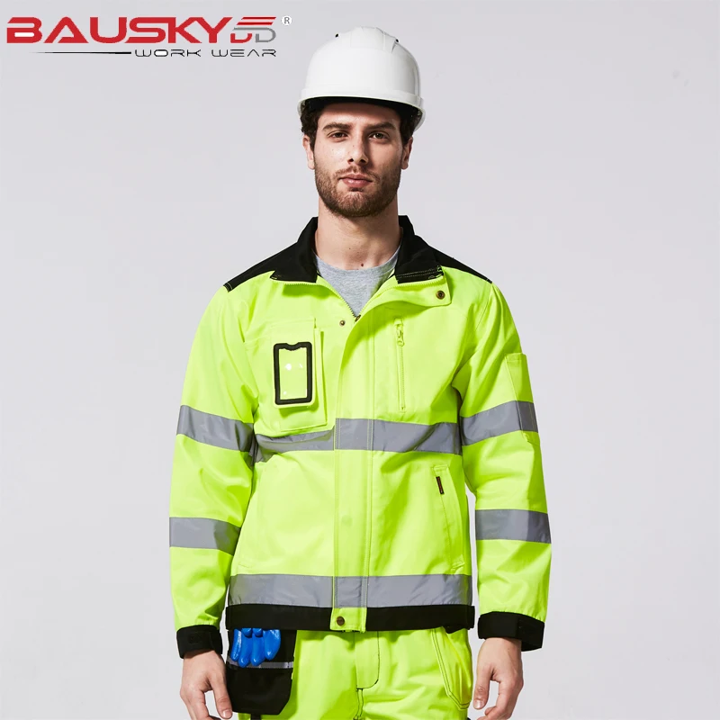 Hi Vis Reflective Jacket Men Tops Workwear Multi pocket Safety