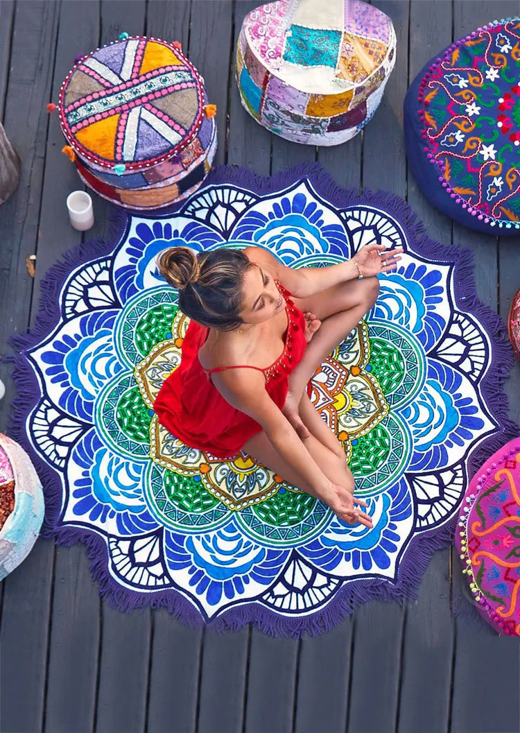 Индийский Мандала Лотос коврик круглый для йоги покрывало, плед Одеяло гобелен кисточкой Хиппи Boho коврик для пикника пляж бросок на стене