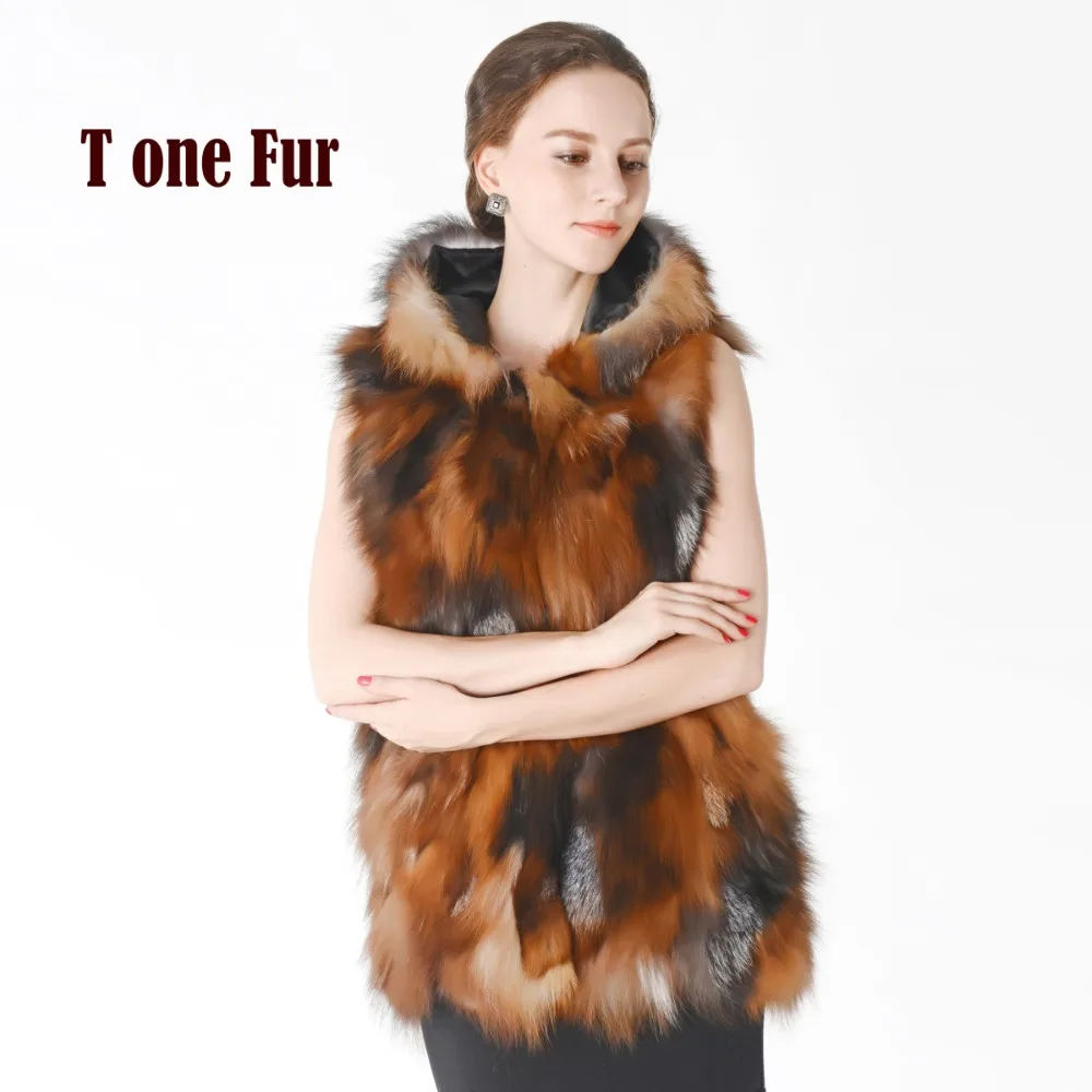 New Arrival Real Fox Fur Vest With Hood Fashion Factory Export Nature Gilet Women Waistcoat Hoody KNT399 | Женская одежда