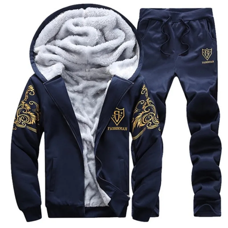 Casual Tracksuit Men set Winter Brand Two Piece Sets All Cotton Inner Fleece Thick Hooded Jacket+Pants Sporting Suit Male M-4XL