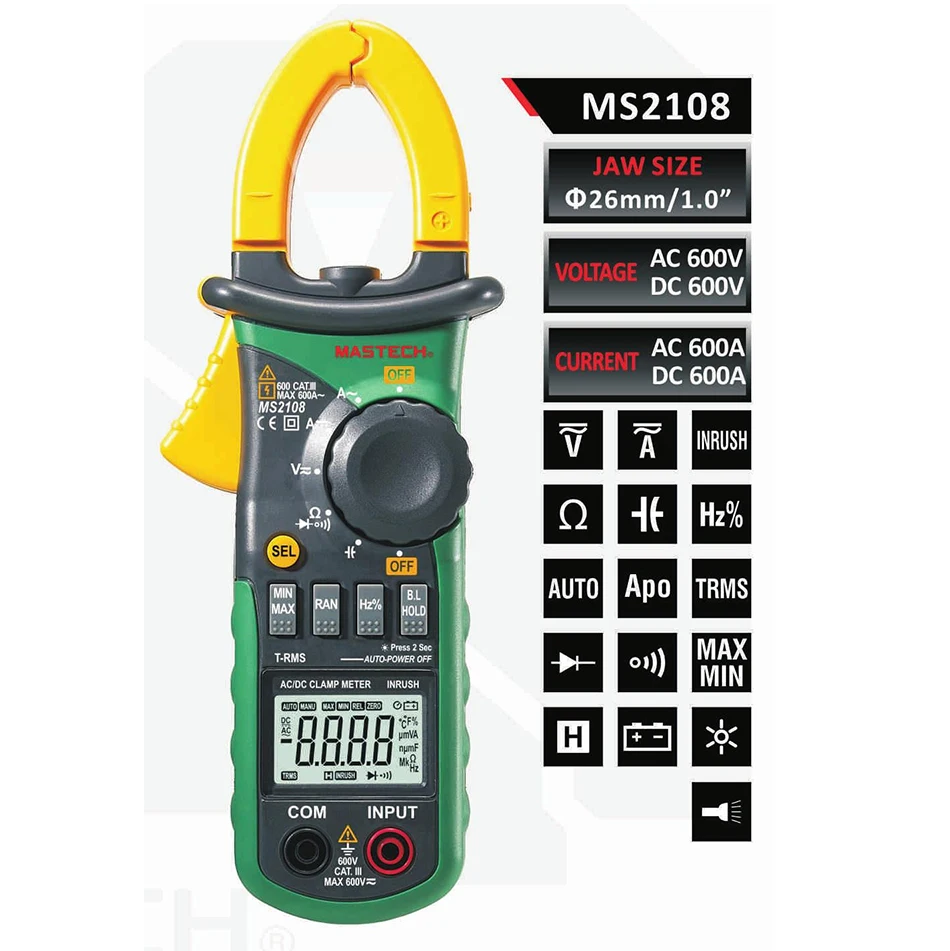 

Mastech MS2108 Digital Clamp Meter True RMS LCD Multimeter AC DC Voltmeter Ammeter Ohm Herz. Duty Cycle Multi Tester