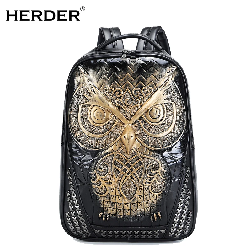 

HERDER Men Women Backpacks 3D Owl Gother street Leather Laptop Teenager male Student Schoolbags fashion Business Rucksack Bag